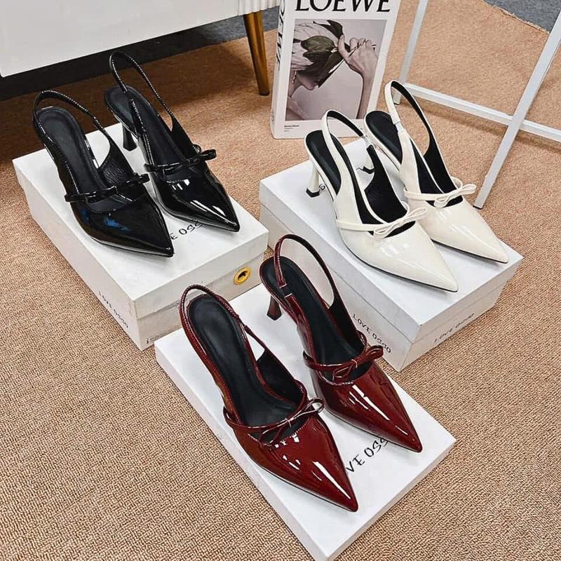  Chị Đẹp Store - Giày sandanl cao gót nữ Hở Gót Mũi Nhọn Da Bóng Phối Thắt Nơ Gót nhọn 7 phân - U109 Shoes 