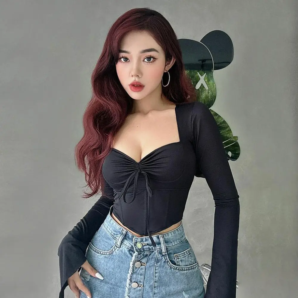 Áo Kiểu Nữ Tay Dài PINKSTORE29 Cổ Vuông Phối Dây Rút Ngực Gợi Cảm A5744