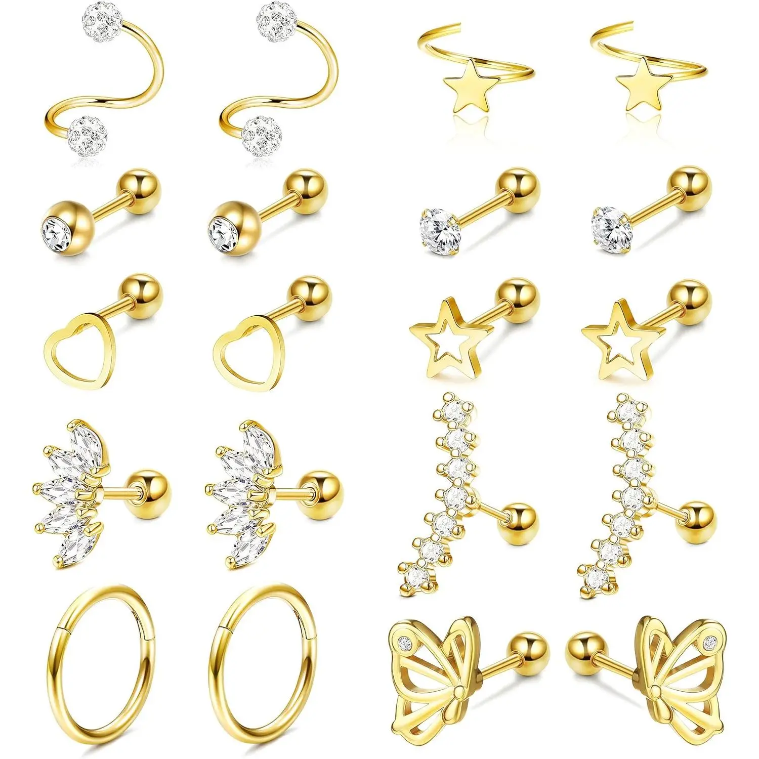 DIAMDAY 10 Pairs Cartilage Earring Stud Hoop Earring for Women Men Heart Star Butterfly CZ 18G 16G Surgical Stainless Steel Conch Trgus Helix Piercing Jewellery