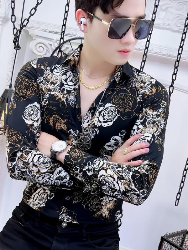 Áo sơ mi lụa nam họa tiết hoa hồng vàng trắng  nam tính Menswear Shirt Tre 7