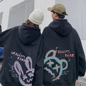 Hoodie Pria Wanita Couple Style Sweatshirt Graffiti Rabit & Bear Hitam Hoodies Harajuku Longgar Pullover baju crewneck