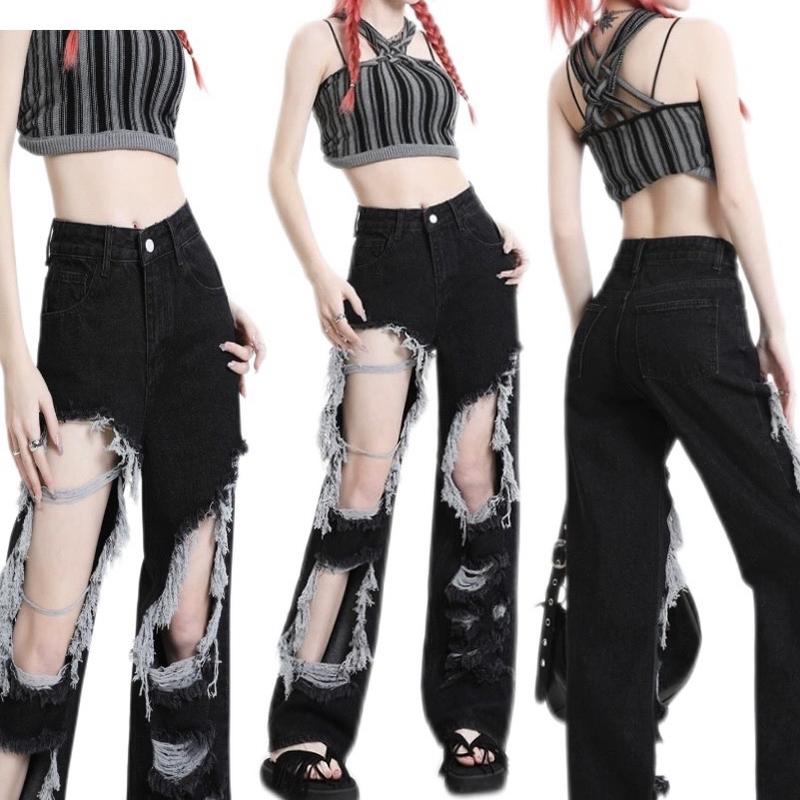 Quần jeans nữ ống rộng TNGER rách tua rua lưng cao phối short phong cách Douyin có Bigsize