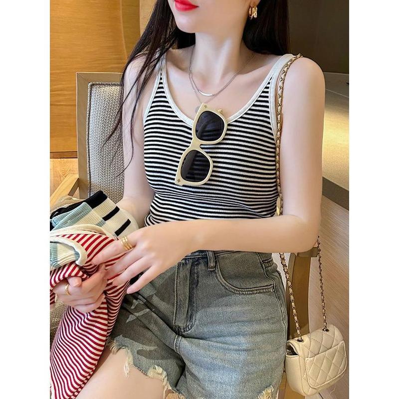 Áo Vest Hai Dây Dệt Kim, Họa Tiết Sọc, Dành Cho Nữ, Thích Hợp Cho Trang Phục Mùa Hè, Bộ Đồ Bên Ngoài, Bên Trong, Mỏng Vừa Vặn, Áo Không Tay 4