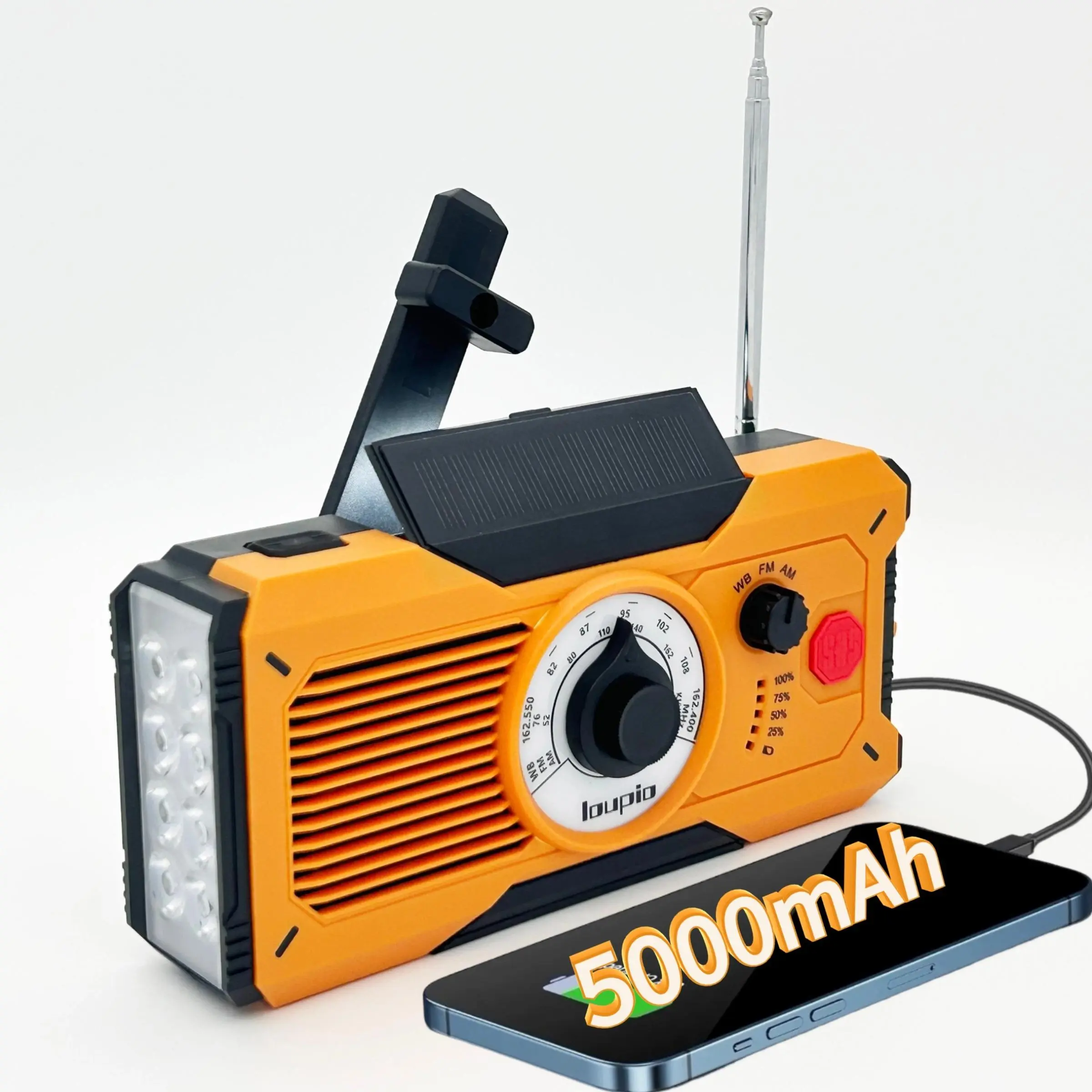 Portable Rechargeable Emergency Hand Crank Radio, Solar Powered Radio with 5000mAh Backup Battery, Outdoor Survival Radio with LED Lamp Flashlight & Reading Light