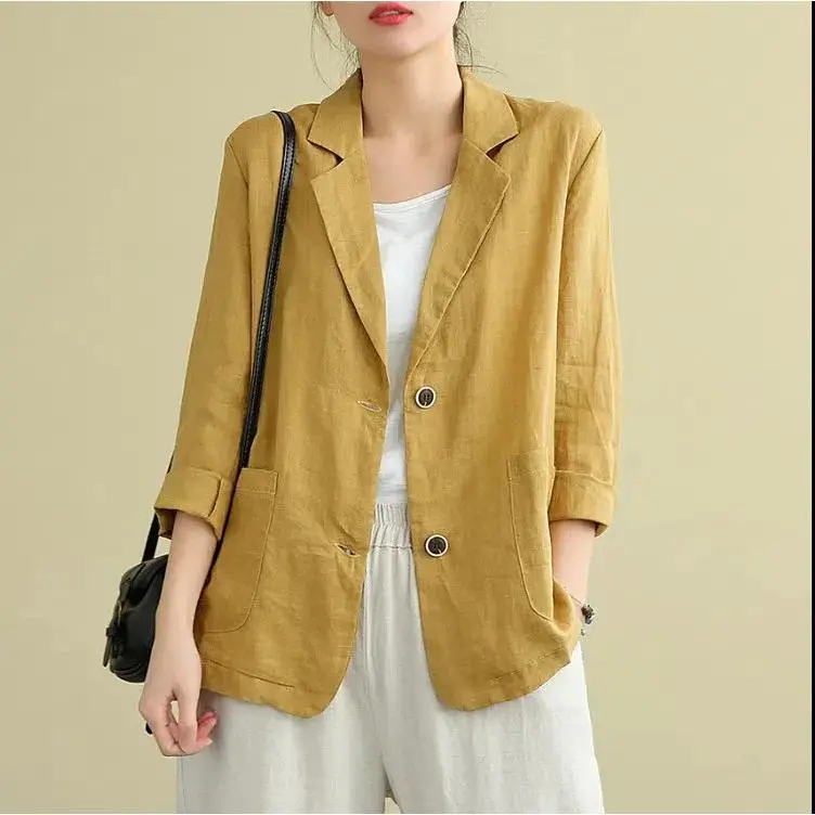 Áo Khoác Vải Lanh Bông, Áo Blazer Nhỏ Dáng Rộng, Dễ Phối Đồ Văn Học, Dài Tay, Thường Ngày Và Thanh Lịch, Chống Nắng, Áo Khoác Nữ, Hàng Mới Về Xuân Hè 2025