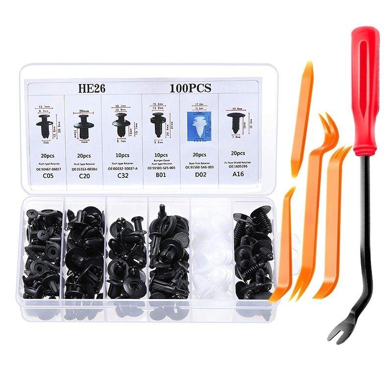 Bộ 100 Đinh Tán Chốt Vít Nở Bằng Nhựa (6 kích cỡ) Cố Định Các Bộ Phận Trên Xe Hơi Kèm Hộp Và Dụng Cụ