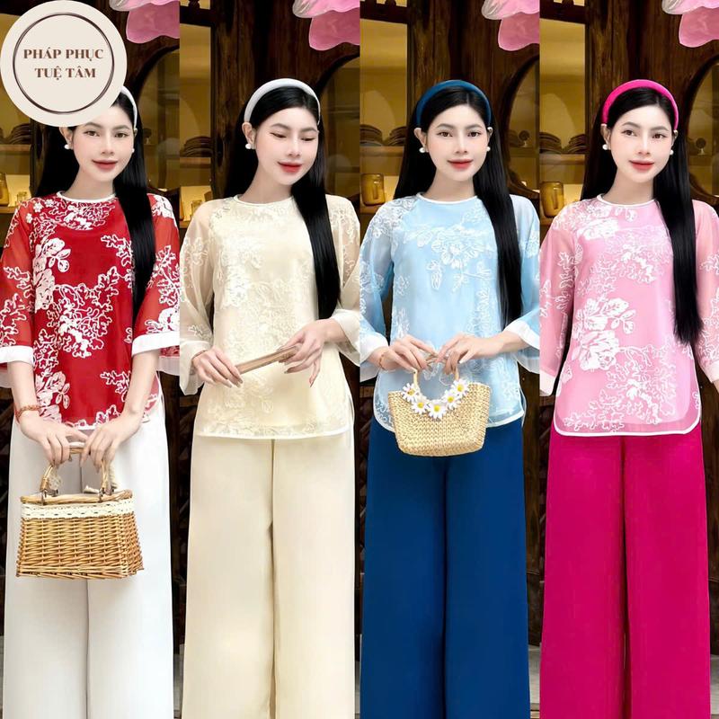 Set đồ lam đi chùa voan tơ hoa nổi điệu đà, Pháp phục lễ chùa tay phối cách tân tiểu thư, Quần áo đi lễ thanh lịch Top Nữ Kem Women Hồng