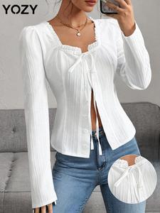 YOZY Women's Plain Frill Trim Tie Front Blouse, Casual Button Front Square Neck Top for Daily Wear, Ladies Clothes for All Seasons