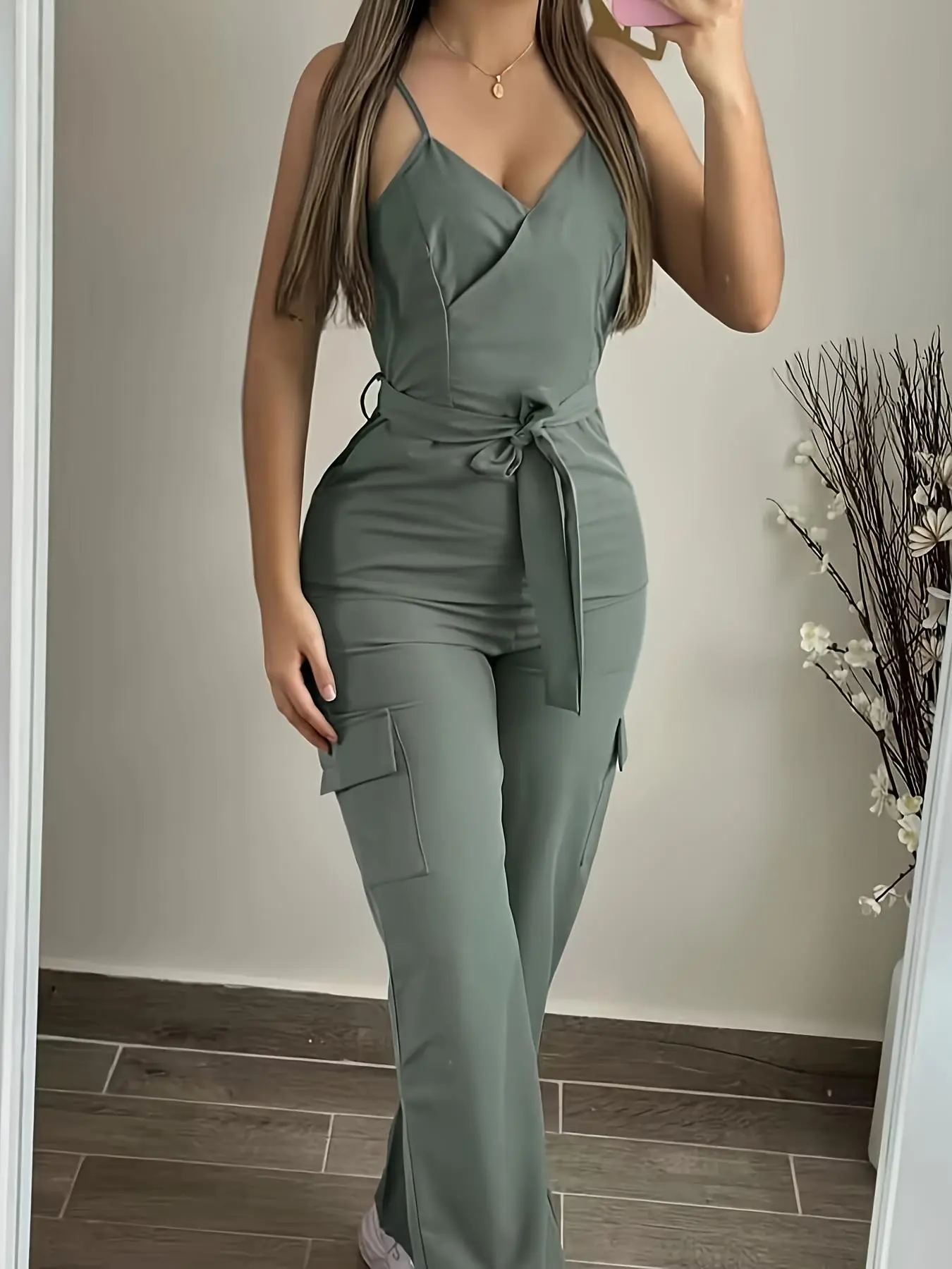 Women's Solid Color Tie Front Cami Jumpsuit, Casual Comfy Jumpsuit for Daily Wear, Ladies Clothes for Summer