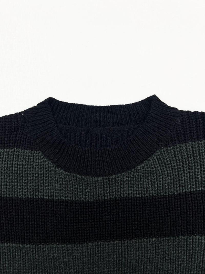 Product Introduction of Women's Colorblock Striped Print Drop Shoulder Sweater, Casual Long Sleeve Round Neck Jumper for Fall & Winter, Fashion Ladies' Knitwear for Daily Wear 3