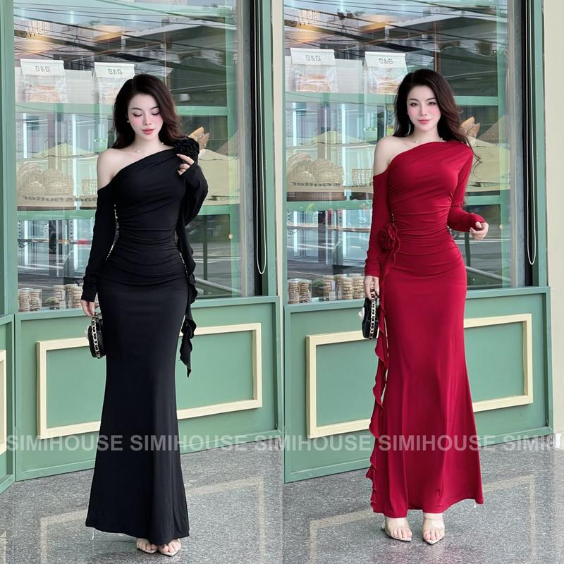 VÁY BODY LADONG LỆCH VAI HOA RỦ / Đầm body thiết kế tay dài nhún eo vai hoa sang trọng Dress Women Voi