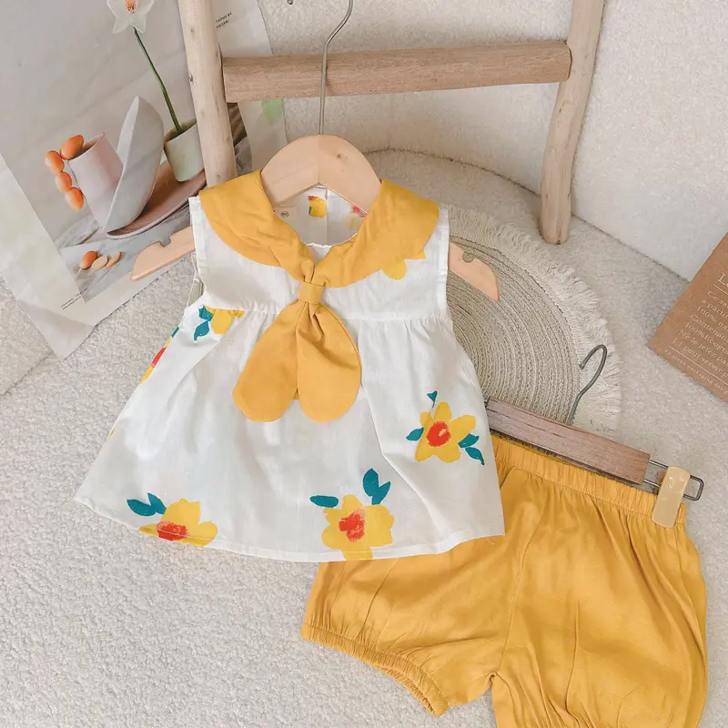 Đồ bộ bé gái nơ vàng Hapykids chất thô hoa mềm mát,bộ quần áo cho bé gái từ 0-6 tuổi (25.B16) 4
