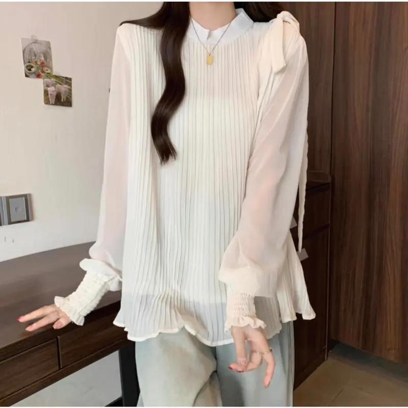 CHICMORE Atasan Blus Gaya Elegan Lengan Panjang Model Balon Leher Bulat Untuk Wanita 2