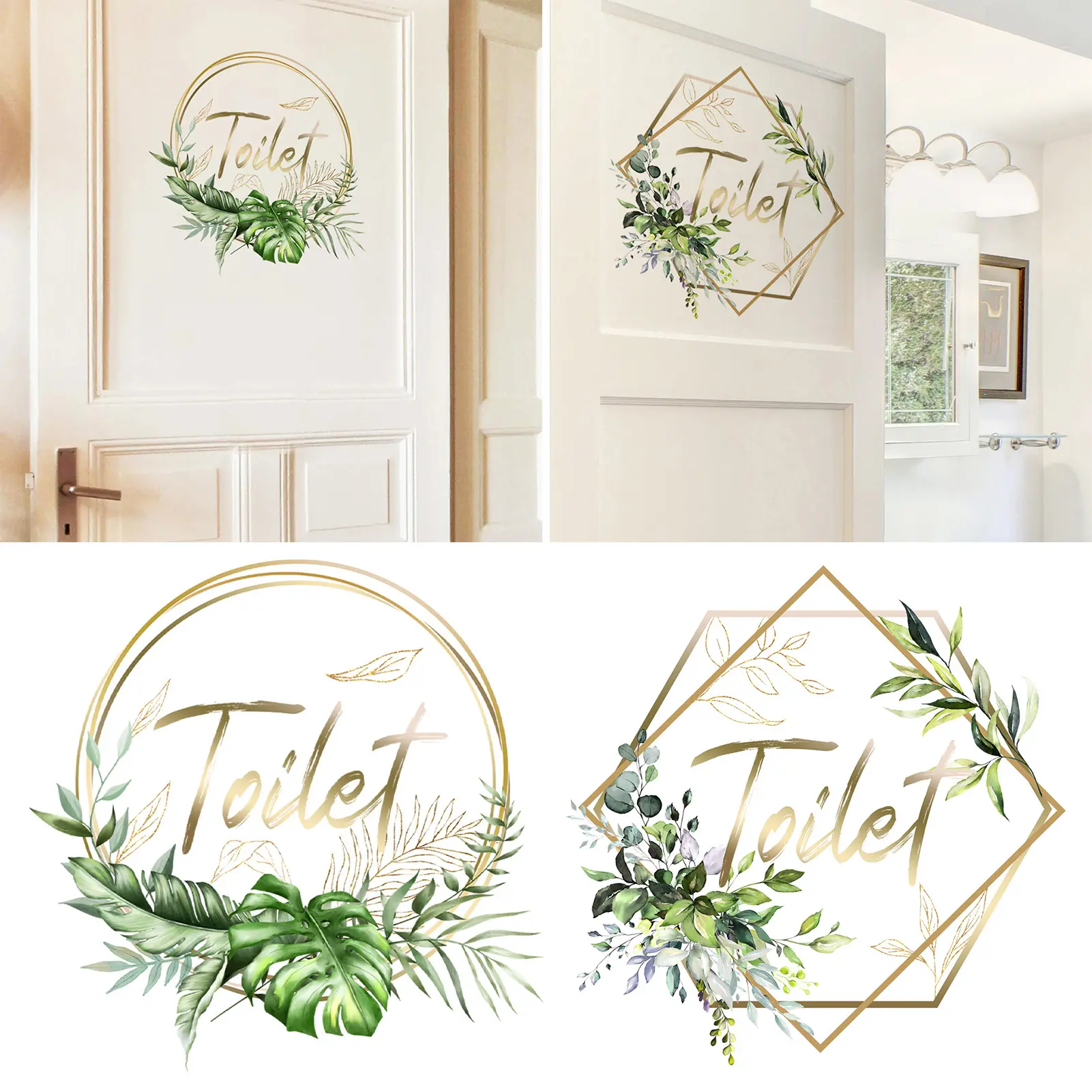 Hình dán câyXanh Lá cho cửa nhà vệ sinh, decal tự dính có thể tháo rời với chữ vàng, không thấm nước, PVC, trang trí phòng tắm, đồ dùng gia đình