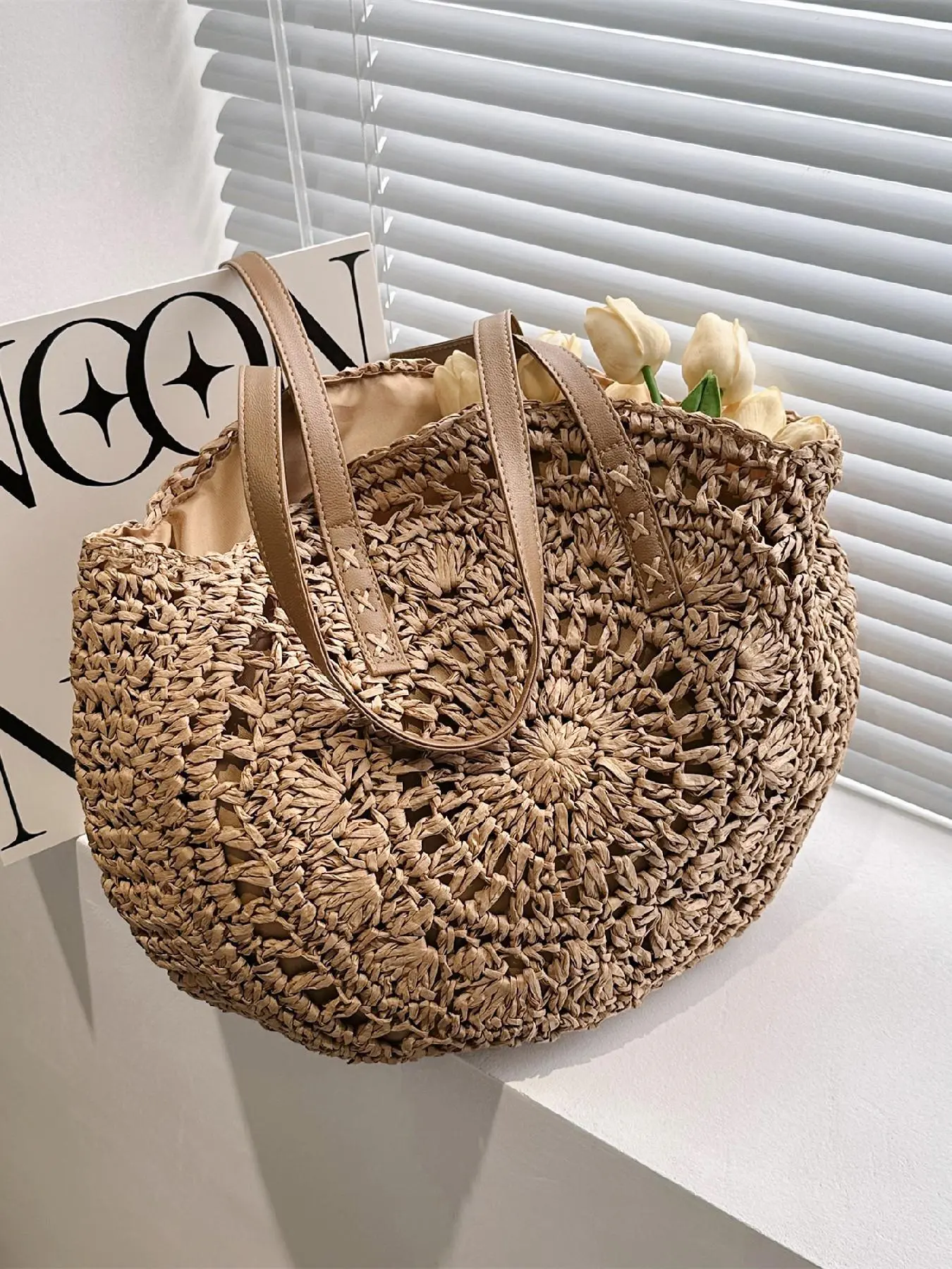 Women's Solid Color Straw Bag, Fashionable Large Capacity Shoulder Bag for Daily Used, Casual Trendy Versatile High-quality Daily Commuting Bag