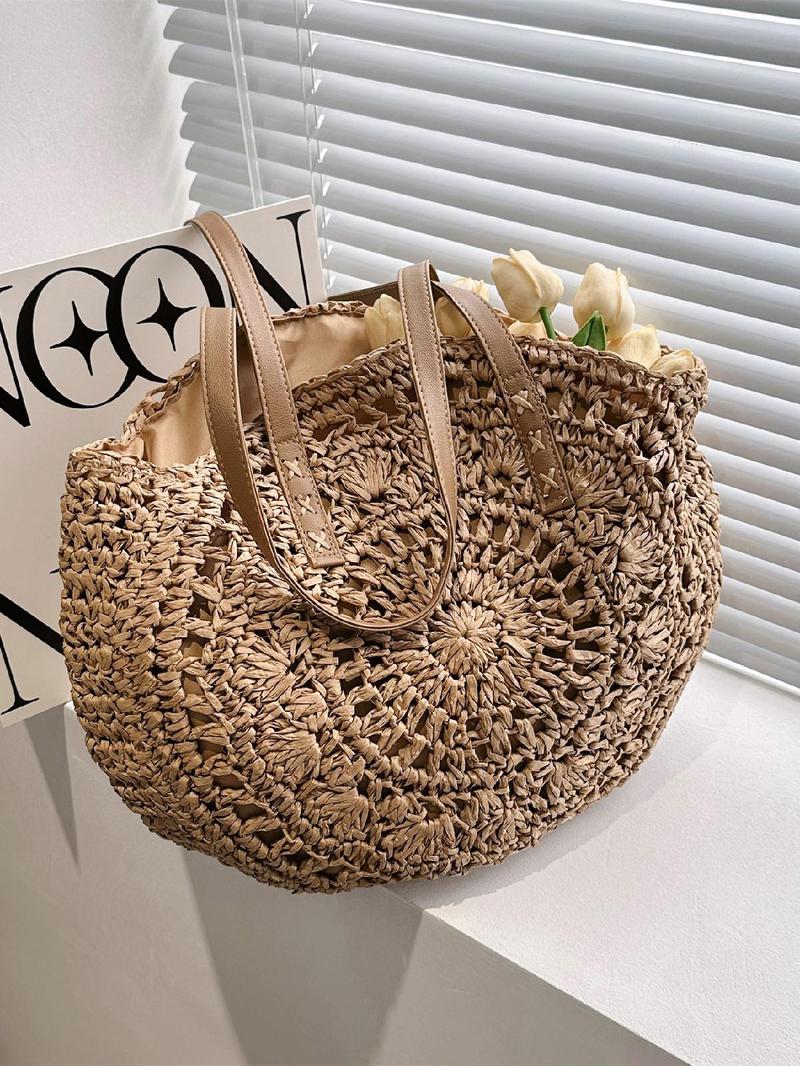 Product Introduction of Women's Solid Color Straw Bag, Fashionable Large Capacity Shoulder Bag for Daily Used, Casual Trendy Versatile High-quality Daily Commuting Bag 0