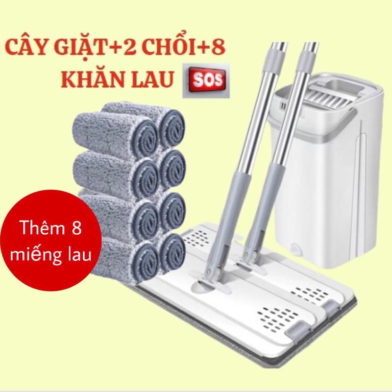 Bộ Cây Lau Nhà ( 1 thùng + 2 cây lau + 8 miếng lau) Chổi Lau Sàn Tự Vắt 360 Độ Kèm Bông Lau, Thùng Lau Sàn Làm Sạch Inox