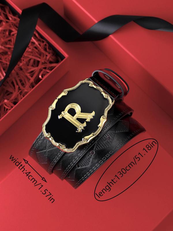 Men's Vintage Letter Pattern Decorative Belt, PU Leather Buckle Belt, Business Casual Waistband for Trousers, Fashion Clothes Accessories for Daily Clothing Decoration, without Box 1