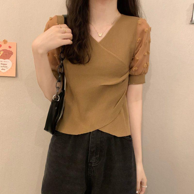 Product Introduction of Áo Thun Thiết Kế Voan Dáng Ôm, Knatwear, Cổ Chữ V, Ngắn, Dành Cho Nữ, Màu Đỏ Ngủ, Quần Áo Nữ 22