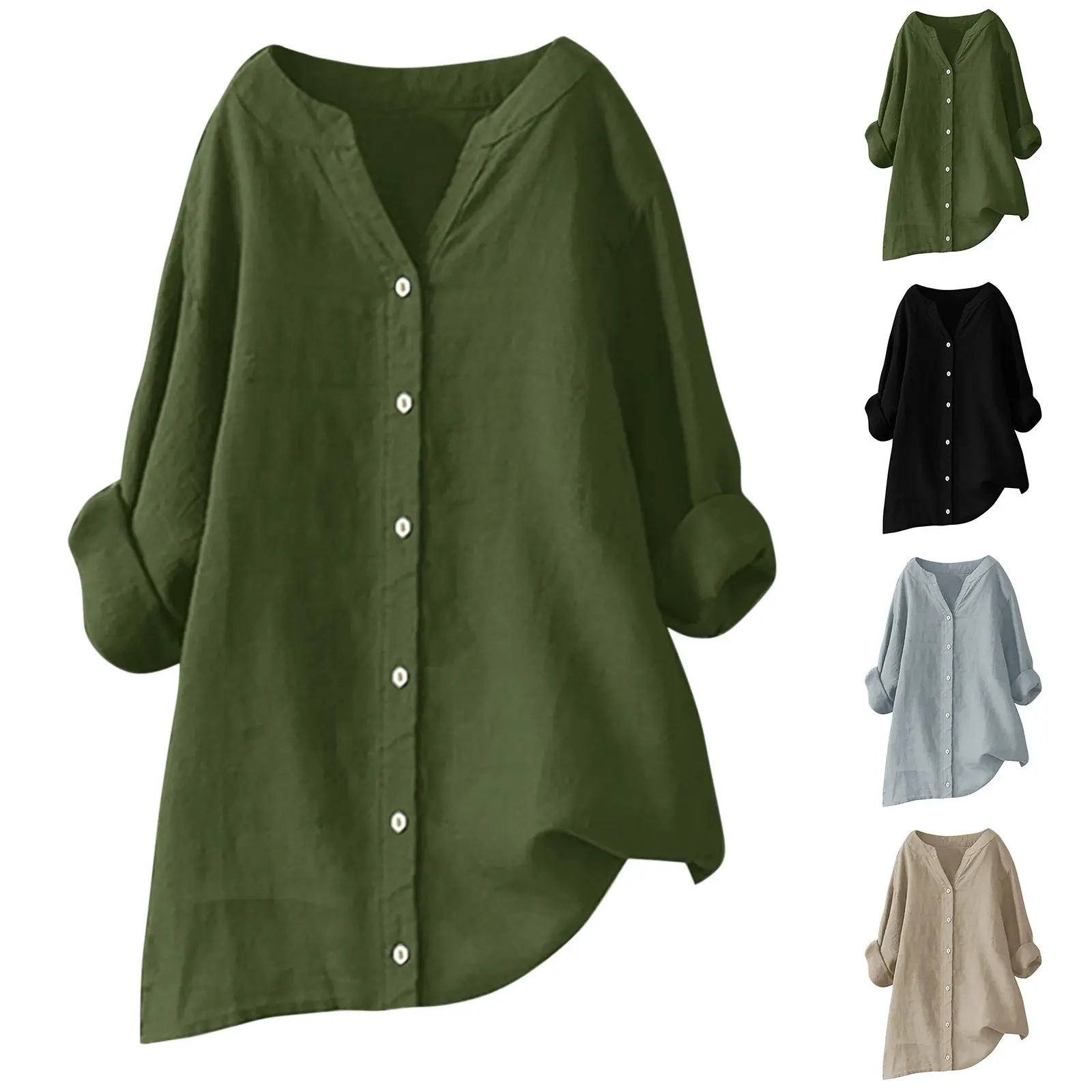 Women's V-Neck  Long Sleeve Loose Button Cotton And Linen Tunic Summer Blouse