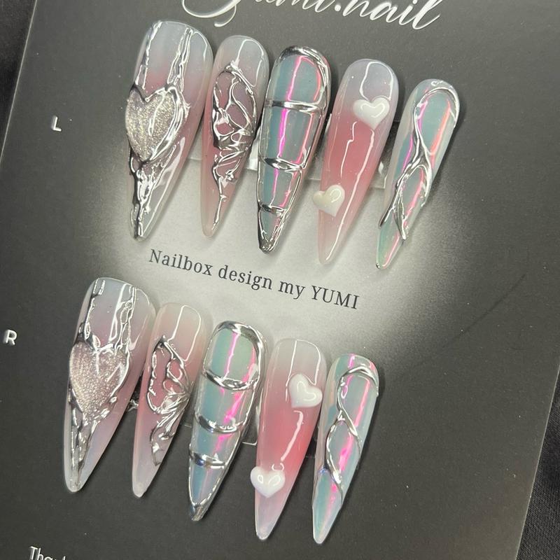 Nailbox thiết kế hồng tráng gương bạc charm tim trắng mẫu gốc Làm Nail