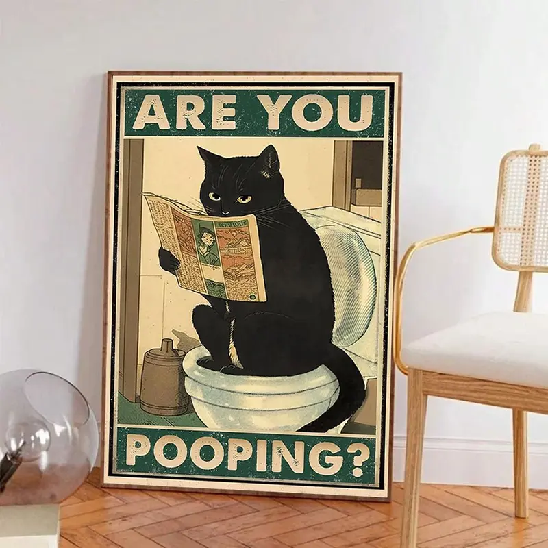 Vintage Cat Reading Newspaper on Toilet Pattern Unframed Painting, Funny Animal Pattern Wall Art, Wall Decor for Home Living Room Bedroom, Ornaments 2