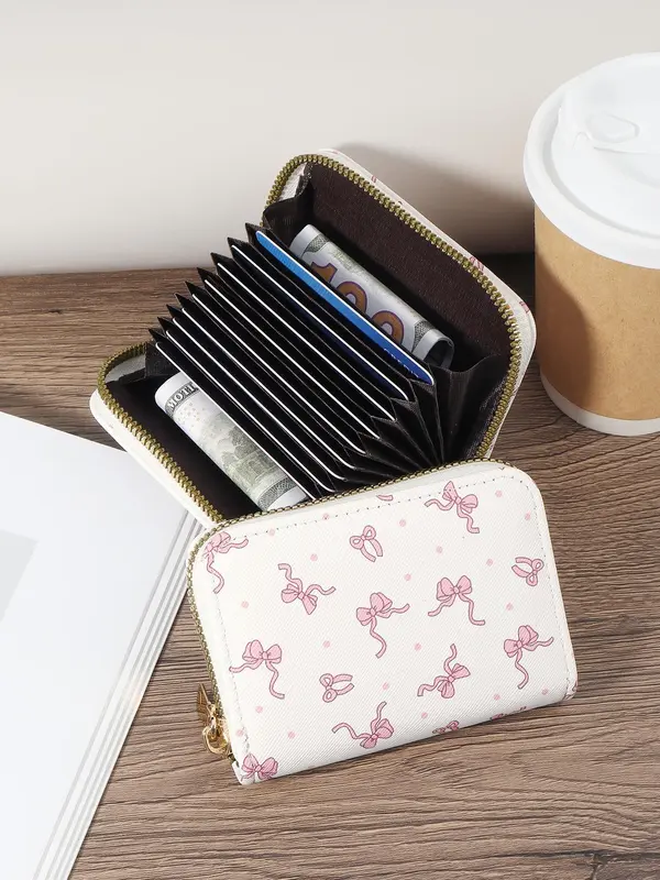 Women's Cute Cartoon Bow Pattern Card Holder, Casual Multi Card Holder with Double Zipper, Simple Casual Multi Card Holder for Outdoor Activities, Travel, and School 2