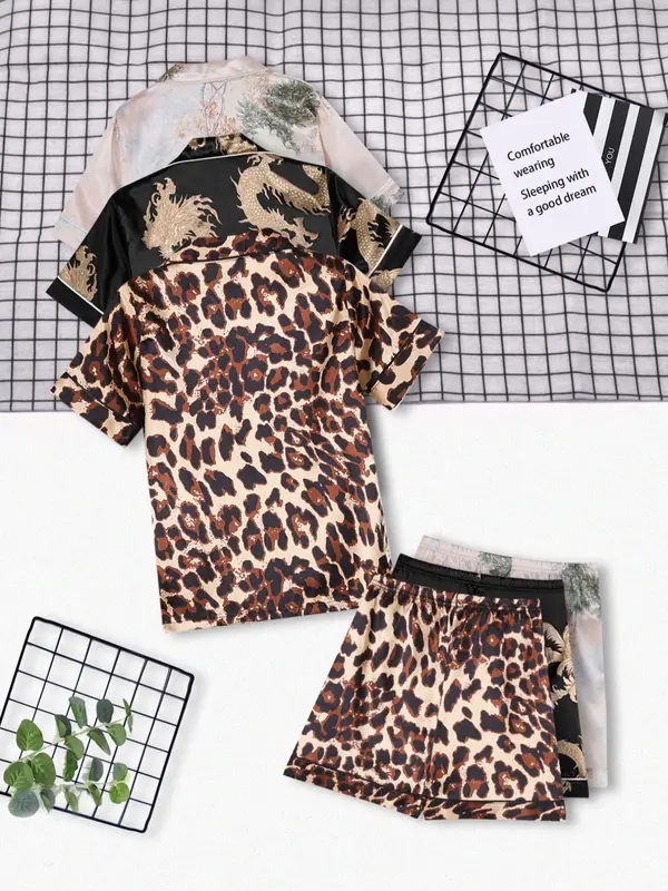 Girl's All Over Print Pocket Loungewear Set, Casual Button Front Shirt & Elastic Waist Shorts, Girls Sleepwear PJ for All Seasons 1