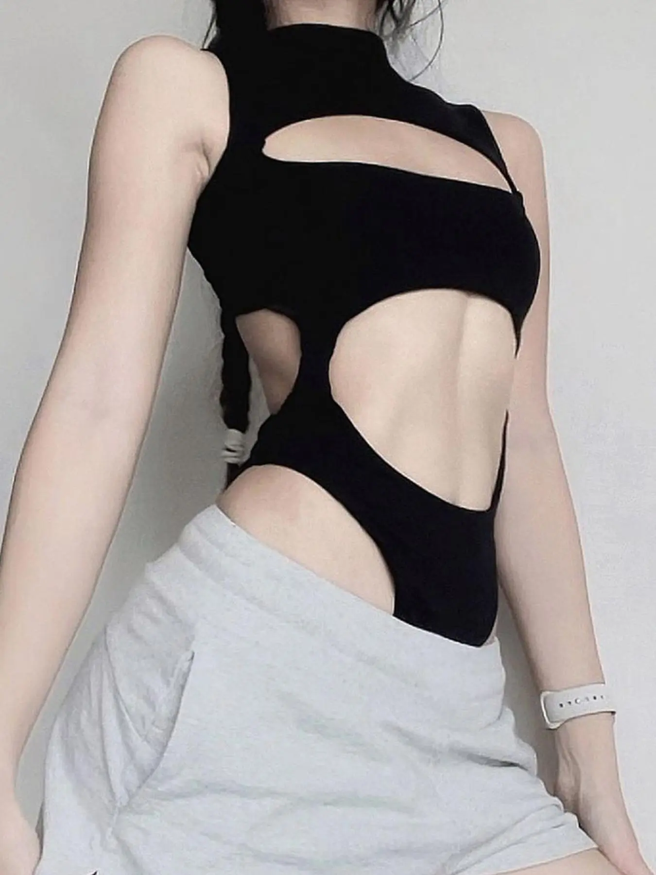 Women's Plain Cut Out Bodysuit, Street Fashion Solid Sleeveless Bodysuit for Daily Outdoor Wear, Summer Clothes for Women
