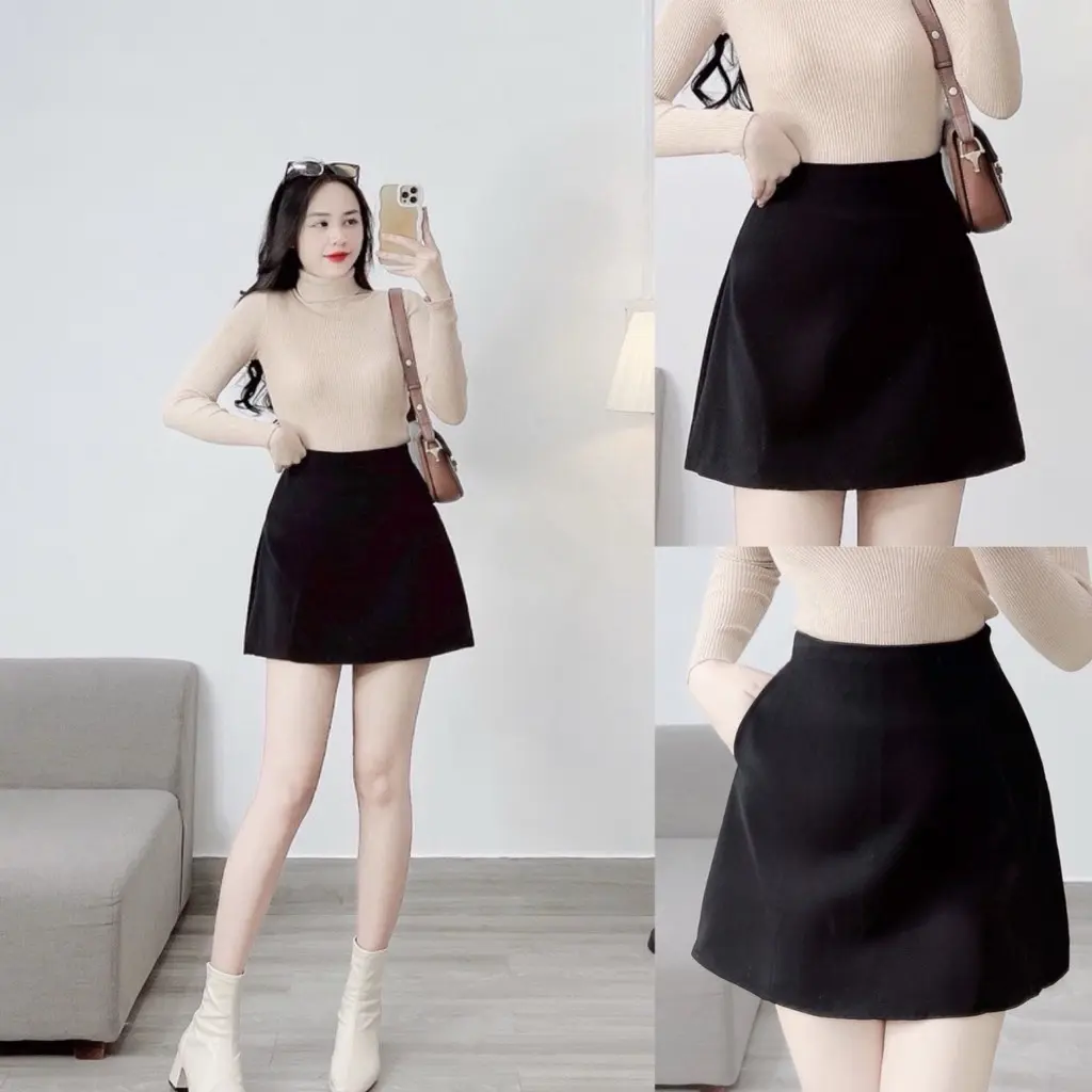 Chân váy ngắn công sở chữ A kèm túi 2 bên (H4) lưng cạp cao tôn dáng có lót trong bigsize