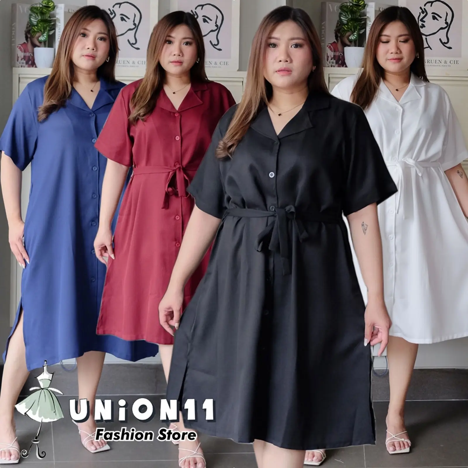 Union11 - Dress Wanita Jumbo Xxxl / Gaun Polos Casual Big Size Ld 120 Cm Muat Sampai Bb 85 Kg / Maxi Basic Tali Pinggang Billy