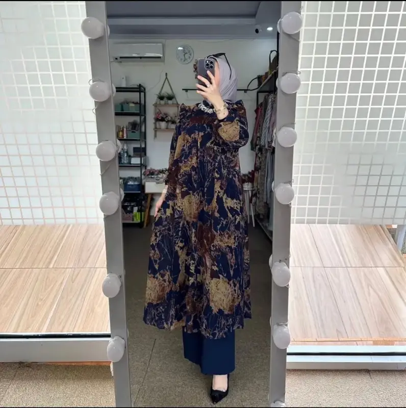 DREANA STORE - Aziza Set - One Set Tunik Ceruty Babydoll Wanita Motif Marmer Set Celana Kulot Crinkle Airflow Dress Karet Muslim Melar Panjang Setelan Navy Lembut Mewah Baju Nyaman Atasan 3