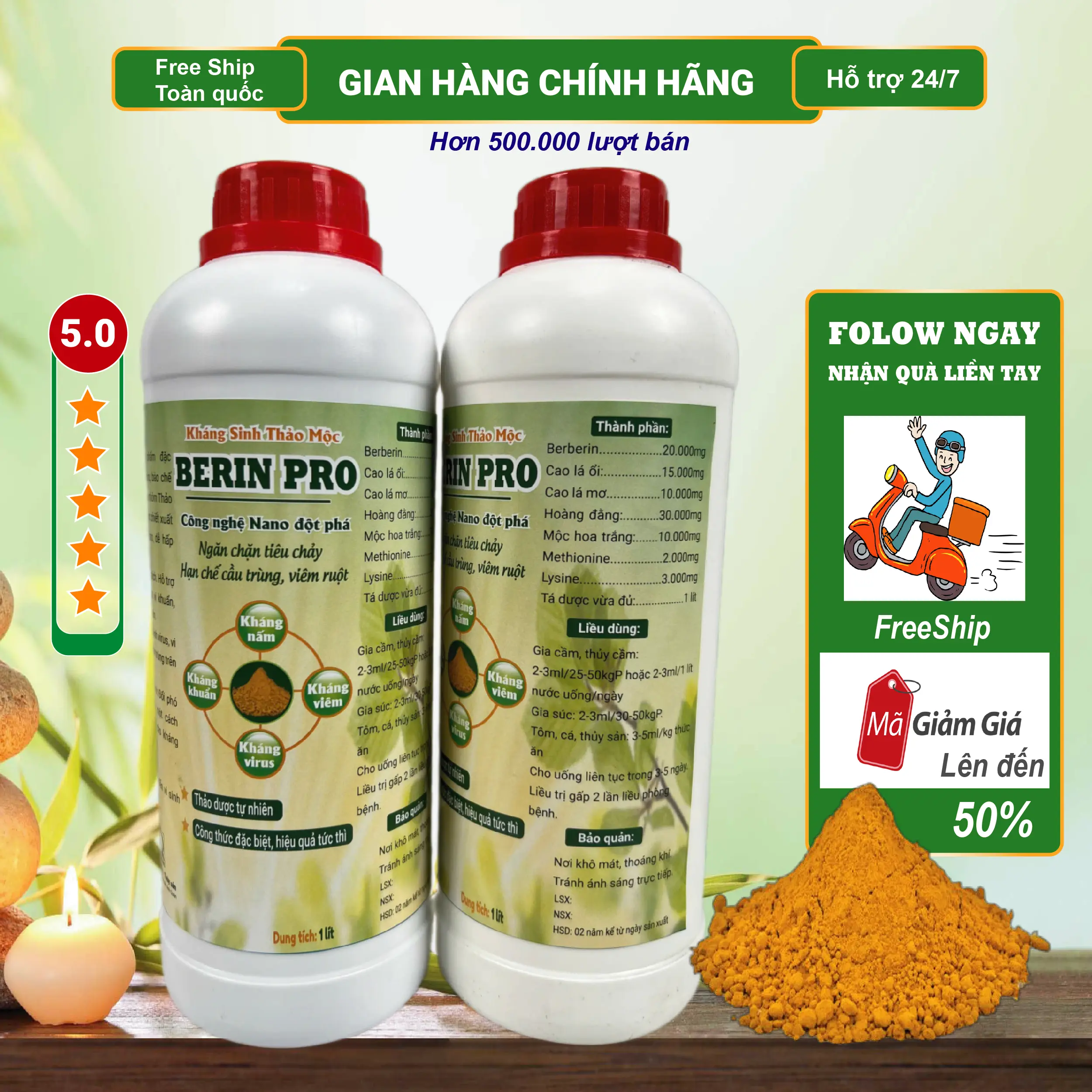 Berin Pro 500ml - KS tự nhiên - Berberin thảo dược - Xử lý các bệnh đường tiêu hóa ở vật nuôi