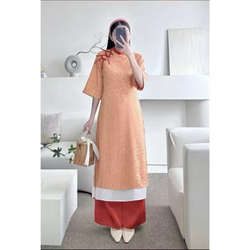 Product Introduction of Áo Dài Cách Tân Tay Lỡ Chất Gấm Phối Tà Lệch Điểm Nơ Màu Xanh Cao Cấp ,Thiết Kế Sang Trọgng Kèm Quần, Phù Hợp Mọi Dịp LÊ 27