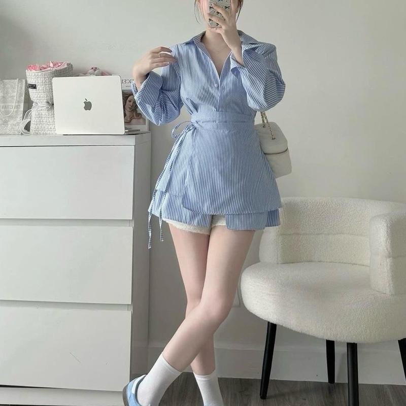 Sét Xinh 2 Món Áo Sơ Mi Phom Xuông Kèm Vạt Buộc Eo Nữ Women Top