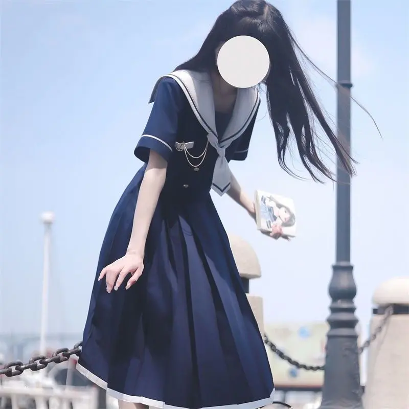 Váy Phù Hợp Với Thủy Thủ JK Nhật Bản, Phong Cách Preppy Dài Trung Bình Bó Sát Eo, Cổ Áo Thủy Thủ, Cô Gái Mạnh Mẽ, Thích Hợp Cho Học Sinh, Quần Áo Lớp Học, Mùa Hè 2024