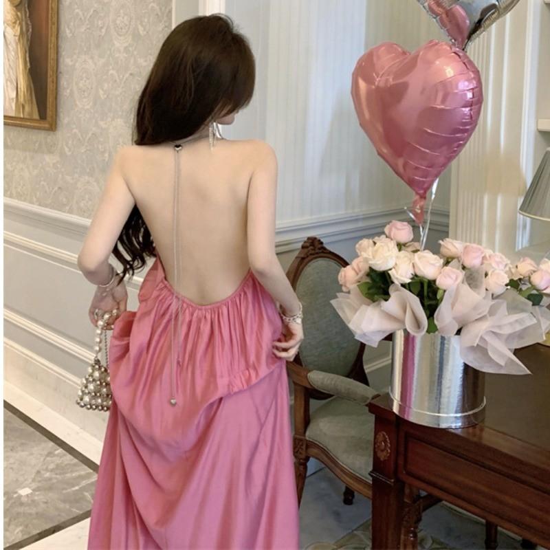 Váy Hai Dây Cổ Yếm Hở Lưng Màu Hồng, Phong Cách Ngày Lễ, Váy Mùa Hè Cho Nữ, Váy Dài, Khí Chất Đẹp, Ins 0