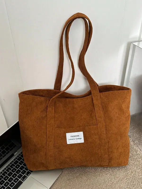 Solid Color Corduroy Tote Bags for Women, Gifts for Girlfriend, Fashionable Letter Label Decor Shoulder Bags for Work Office, Girls Large Capacity Shopping Bag, Handbags for Women, Handbags for School, Wife Up Work Bag, Travel Accessories 4