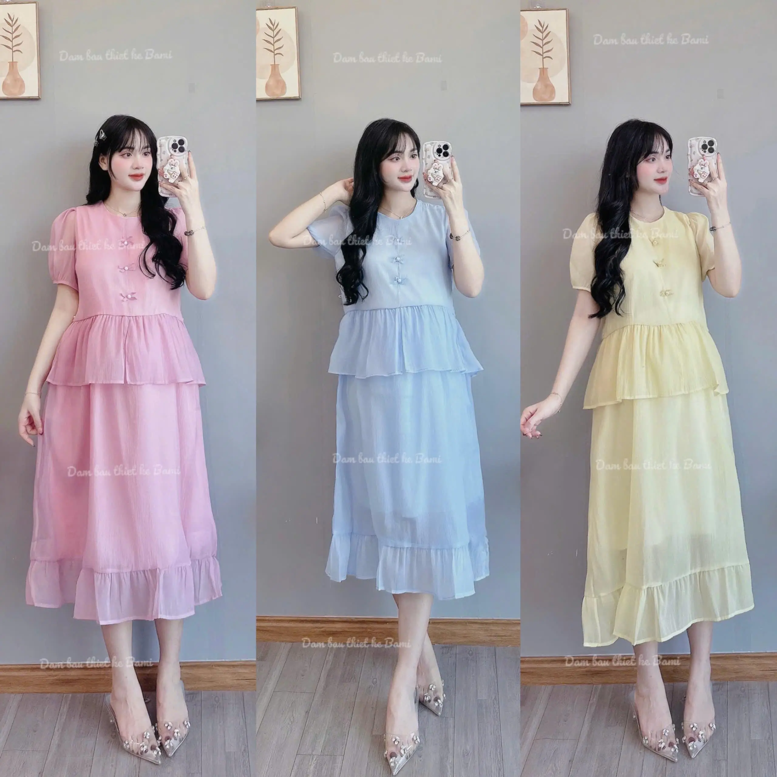 Váy bầu tơ suông 2 lớp nơ ngọc công sở thanh lịch Đầm Bầu Nữ Women Dress