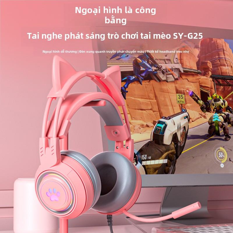 Tai Nghe Mic Chơi Game Có Dây Thiết Kế Tai Mèo Dễ Thương
