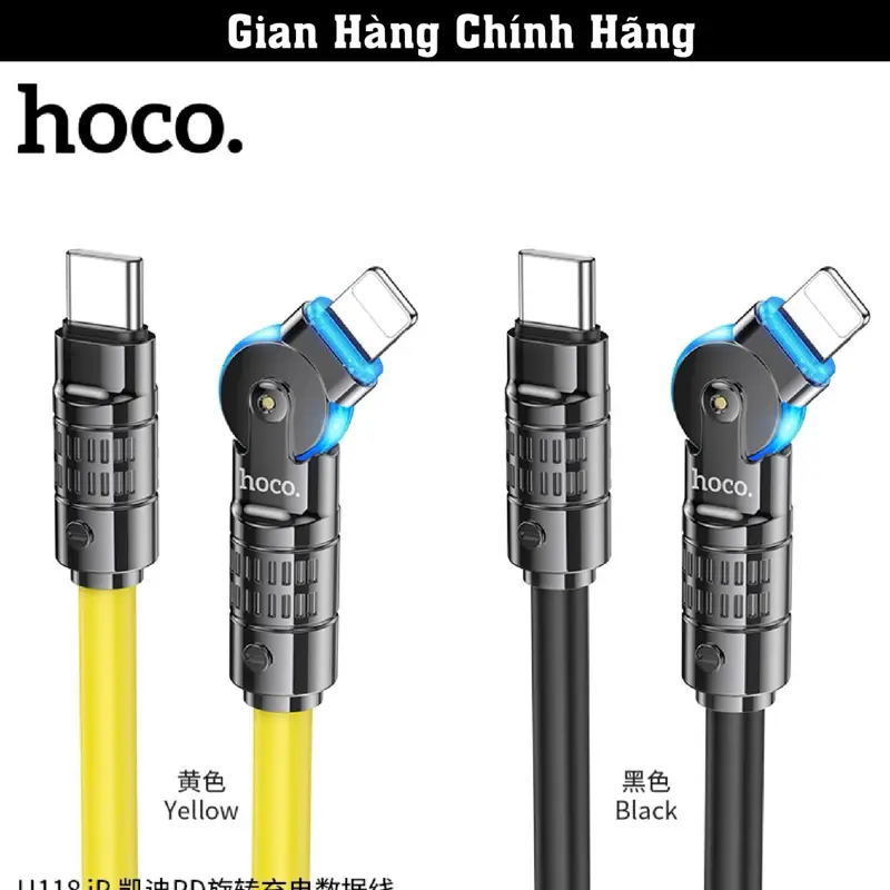 Cáp Sạc Nhanh Hoco U118 Đầu Xoay 180Độ, Chân Type-C To Lightning Sạc Nhanh 27W Cho iPhone 8/X/Xs/Xsmax/Xr/11/12/13/14 Series, Cáp Bọc TPE Mềm Mại, Bền Bỉ, Đầu Cắm Có Led, Tự Ngắt Khi Pin Đầy, Bảo Hành 12 Tháng Phụ Kiện