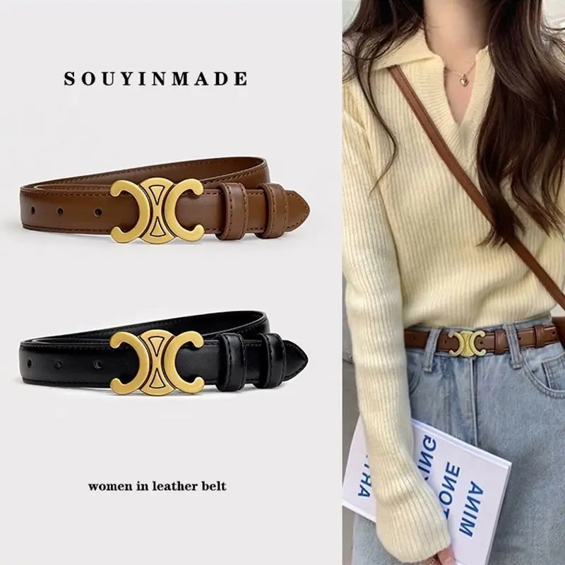 New Trendy Women's Soft Leather Belt Fashion Decoration Arc de Triomphe Thin Versatile Waist Belt Durable Women's Belt
