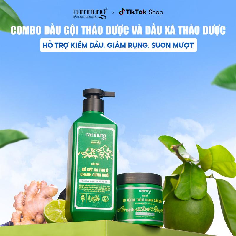 Combo gội xả thảo dược kiềm dầu NamNung hỗ trợ giảm dầu, giảm rụng tóc chiết xuất thiên nhiên từ bồ kết hà thủ ô chanh vàng gừng bưởi