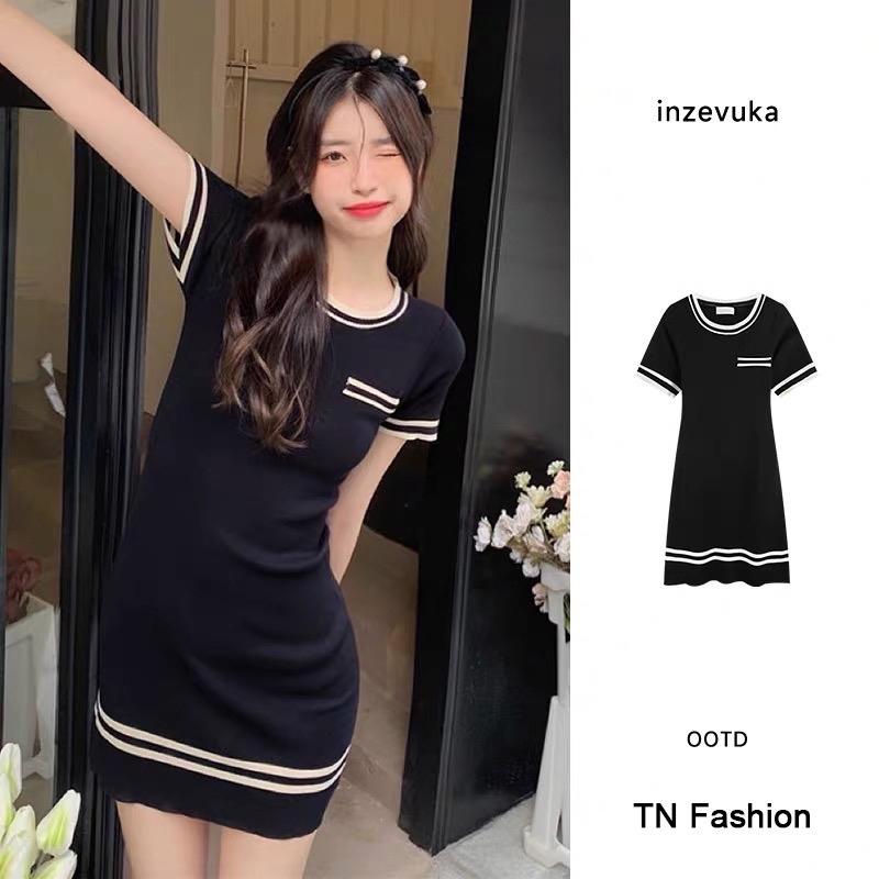 Váy body dệt kim len nữ dáng ôm tay ngắn cổ tròn đen trắng hàng Quảng Châu thiết kế trẻ trung