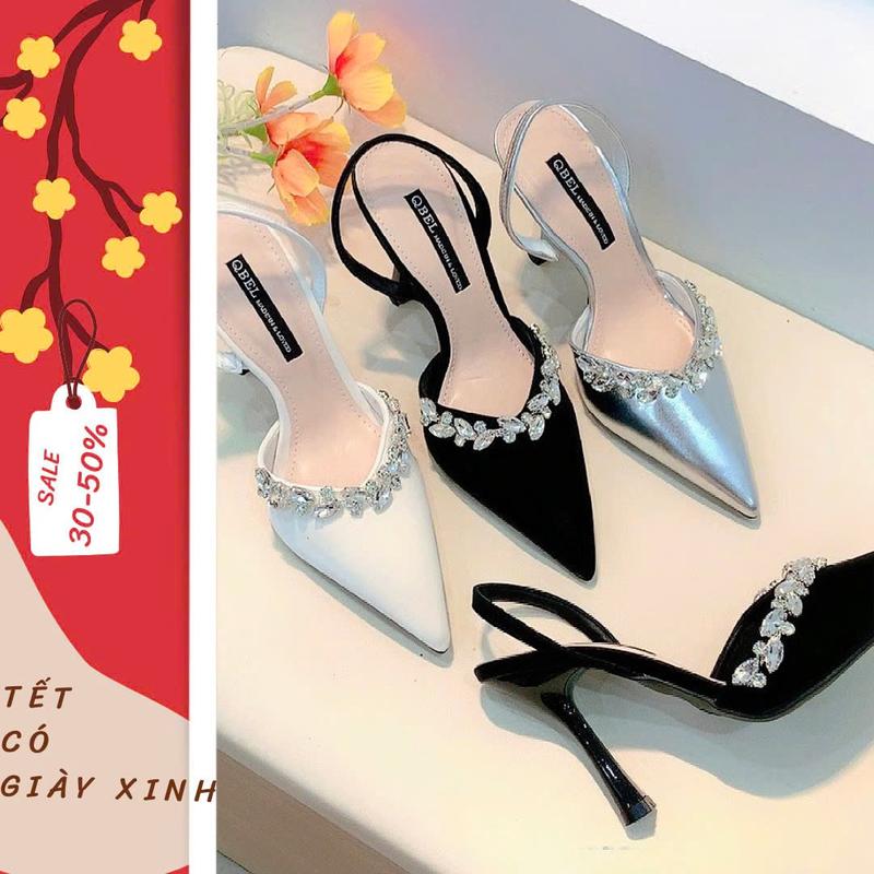 Giày cao gót nữ 9p SH908, sục quai hậu gót nhọn phối viền đá, form chuẩn - MIỄN SHIP (shoes nữ) - DéP đẹp đi chơi Noel, Tết