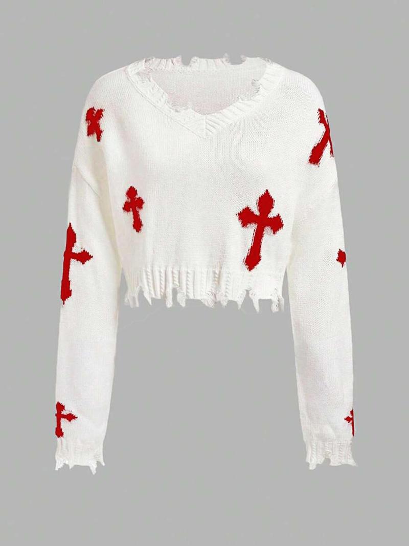 Product Introduction of Women's Cross Print Ripped Drop Shoulder Crop Sweater, Street Fashion Chic Style Long Sleeve V Neck Jumper for Daily Outdoor Wear, Ladies Knitwear for Spring & Fall, Tops for Women, Sweater for Women, Trending Clothing Women 9