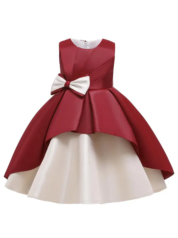 Girl's Solid Bow Front Plicated A Line Dress, Elegant Bow Back Sleeveless Round Neck Tulle Dress For Wedding Party, Kids Partywear For All Seasons 8