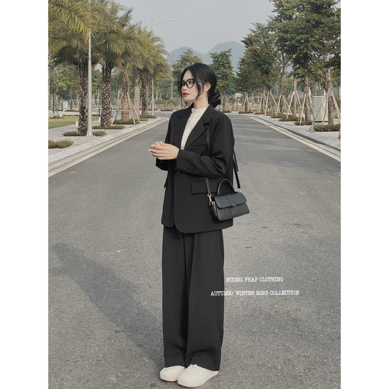 SET VEST ÁO BLAZER MÀU ĐEN CÙNG QUẦN ỐNG XUÔNG ĐỨNG FORM HÀNG QC LOẠI 1 BY HUONGPHAPCLOTHING Nữ Women