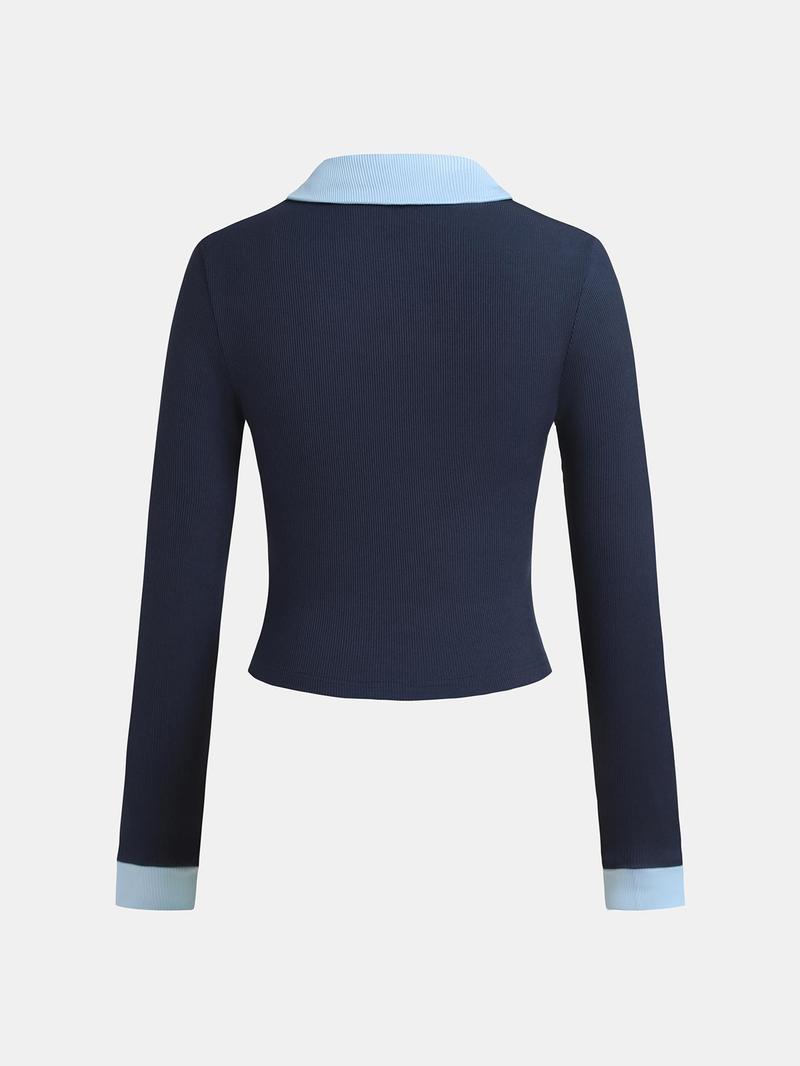 Product Introduction of YOZY Women's Colorblock 2 in 1 Button Ribbed Tee, Casual Long Sleeve Collared Top for Fall & Winter, Women's Clothing for Daily Wear 2