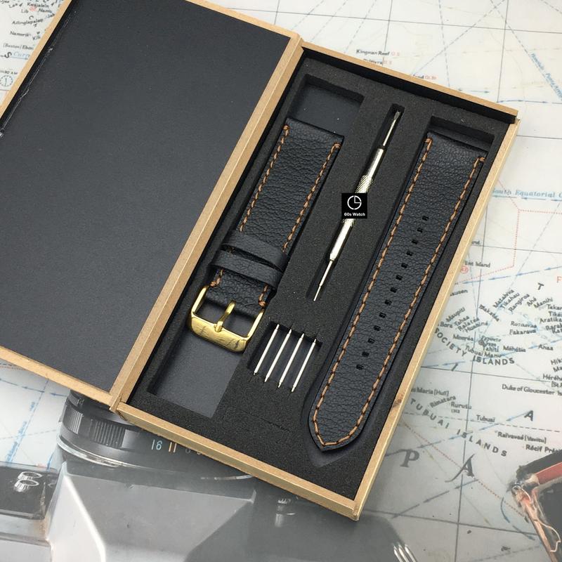 Dây Da Bò Thật Màu Đen Handmade Cho Đồng Hồ Đeo Tay Fossil Casio Samsung Huawei [Tặng Chốt & Hộp gỗ]